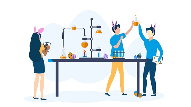 The graphic shows three people doing chemical experiments while wearing rabbit ears. It is supposed to represent a MINT course during the Easter holidays.