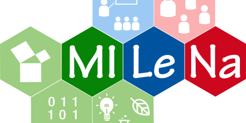 Логотип MiLeNa состоит из зеленых, красных и синих шестиугольников, содержащих буквы Mi Le Na и различные символы, связанные со STEM и преподаванием.