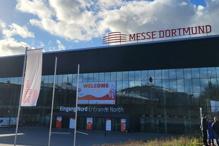 The picture shows the WRO venue, Messe Dortmund, from the outside.
