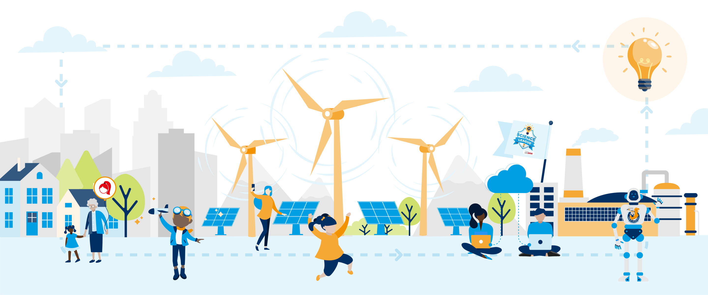 Many different people stand, sit, play and work in front of an urban background with lots of solar panels and wind turbines. The picture symbolizes sustainable energy management.
