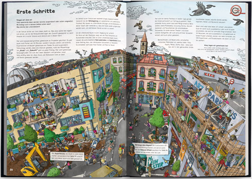 The picture shows a double page spread from the book "Fatima's fantastic journey to a world without oil"