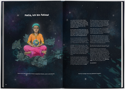 Resim, "Fatima'nın petrolsüz bir dünyaya fantastik yolculuğu" kitabından yayılmış bir çift sayfayı gösteriyor.