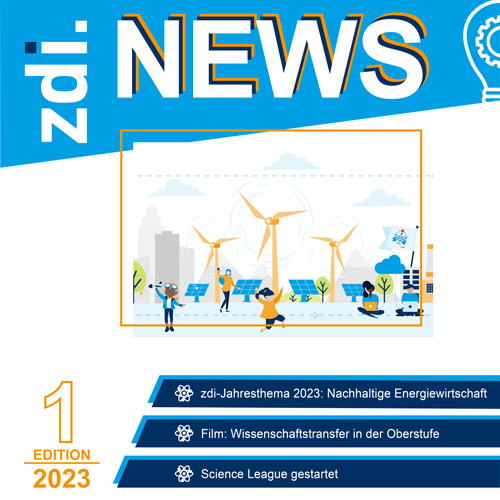 Das Bild zeigt das Cover des ersten Newsletters 2023 und die drei Hauptthemen: zdi-Jahresthema 2023: Nachhaltige Energiewirtschaft; Film: Wissenschaftstransfer in der Oberstufe; Science League gestartet