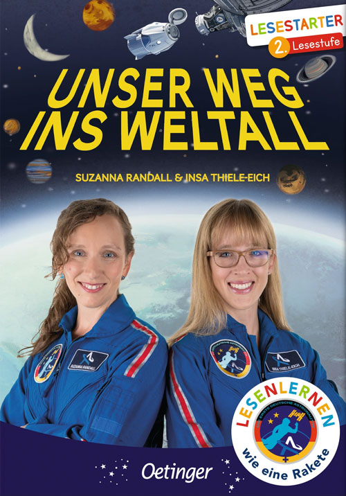 The picture shows the cover of the book "Our way into space". The cover features Suzanna Randall and Insa Thiele-Eich smiling at the camera.