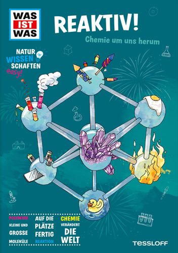 The picture shows the cover of the Was ist Was book "Reaktiv! Chemie um uns um uns" by Tessloff-Verlag. It includes information on polymers, small and large molecules, chemical reactions and how chemistry is changing the world.