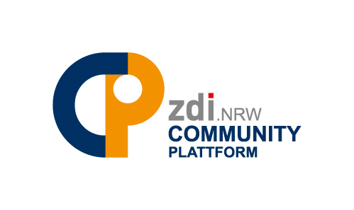 На малюнку показано новий логотип платформи спільноти zdi. Він має темно-синю букву C, яка переходить у помаранчеву букву P. Поруч із ним сіро-синім кольором написано zdi.NRW Community Platform