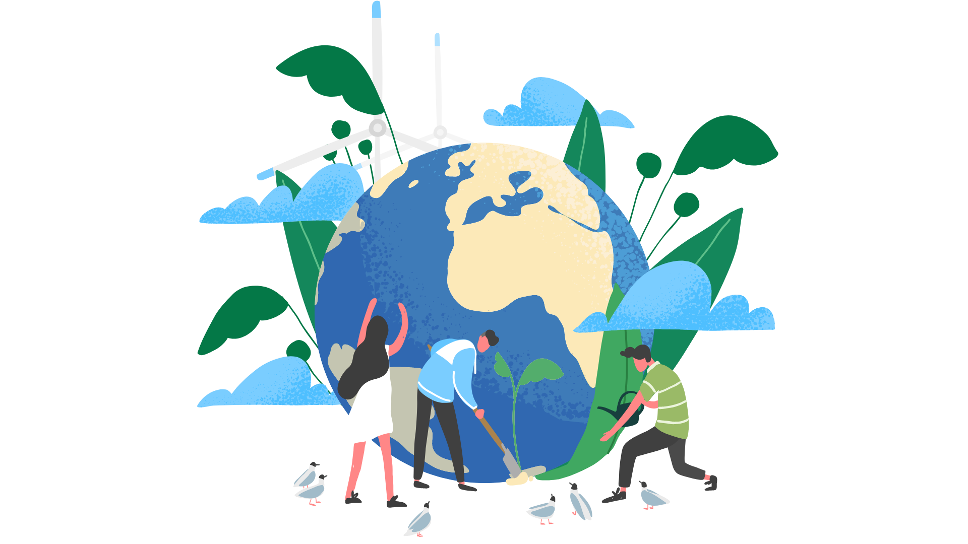 The graphic shows the planet Earth around which plants sprout. Three people take care of the plants and the planet. Windmills stand in the background, and a few birds sit at the feet of the people.