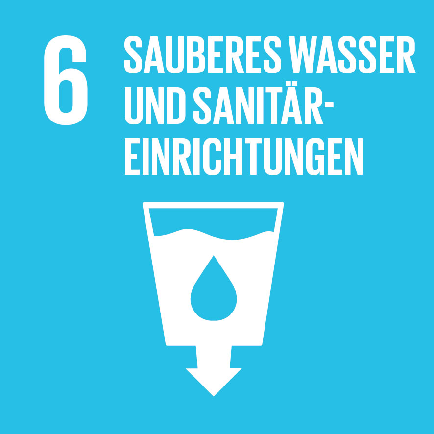 The graphic stands for SDG 6 "Clean water and sanitation". It shows a white glass of water with an arrow pointing down on a light blue background.