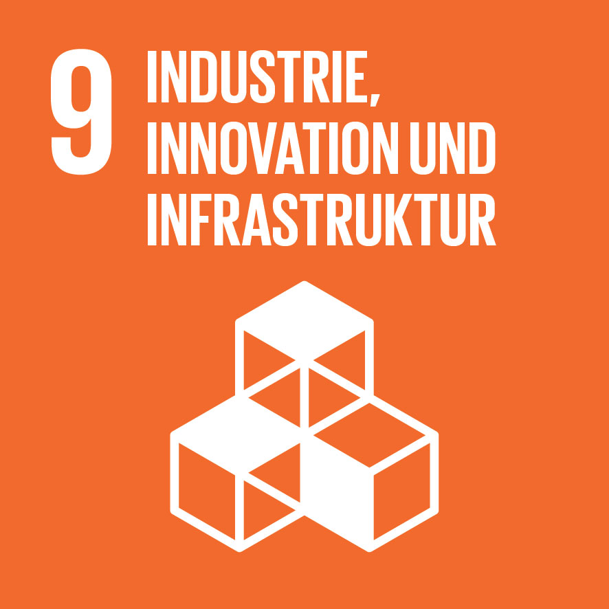 Графика обозначает ЦУР 9 «Промышленность, инновации и инфраструктура». Он представляет собой белые сложенные друг на друга строительные блоки на оранжевом фоне.