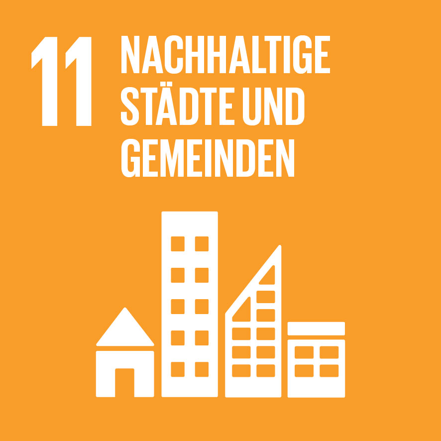 The graphic stands for Sustainable Development Goal 11 "Sustainable Cities and Communities". It shows the white silhouette of a city on a light orange background.