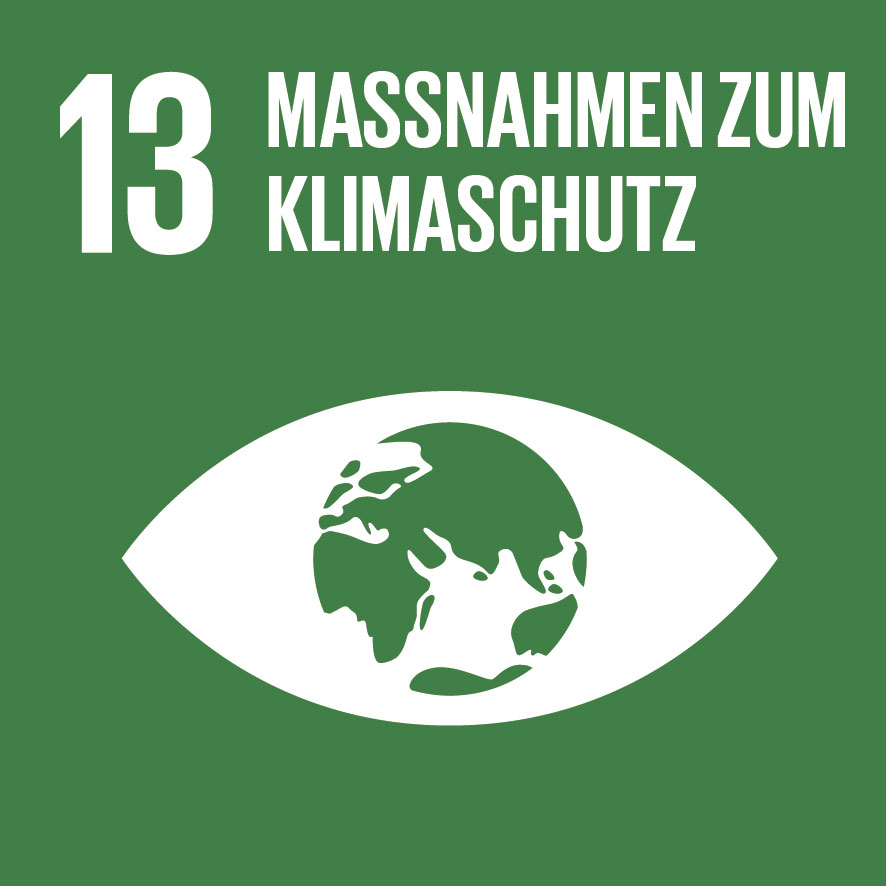 The graphic stands for the sustainability goal 13 "measures for climate protection". It shows a white eye whose iris and pupil are the earth, on a dark green background.