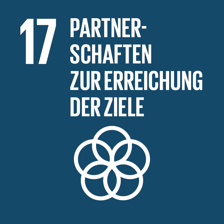 Die Grafik steht für das Nachhaltigkeitsziel 17 "Partnerschaften zur Erreichung der Ziele". Es zeigtfünf weiße, ineinander verschlungene Kreise auf dunkelblauem Hintergrund.