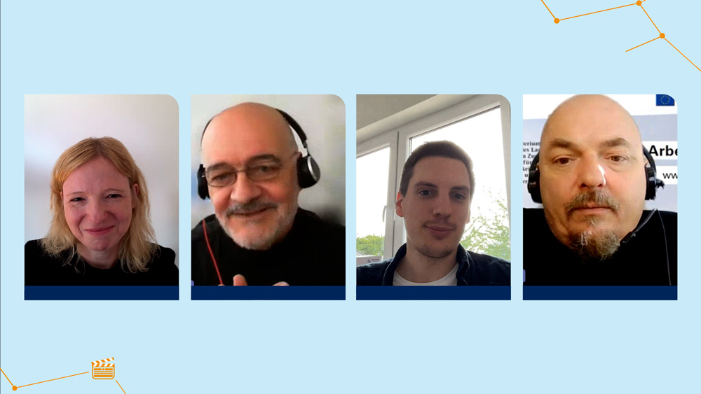 Ein Screenshot zeigt vier der Teilnehmenden der Gesprächsrunde (von links nach rechts): Gwendolyn Paul, Jörg Malzon-Jessen, Patrick Kathöfer, Oliver Francke