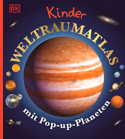 Das Bild zeigt das Buchcover von "Kinder-Weltraumatlas mit Pop-up-Planeten". Darauf sind auf dunkelblauem Hintergrund Bilder von Planeten zu sehen.