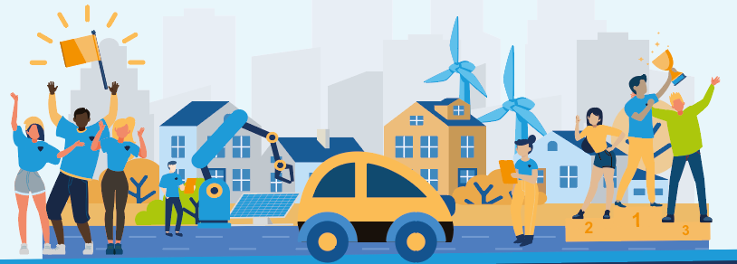 На малюнку зображені групи людей на тлі міста з автомобілями, роботами, вітровими турбінами та сонячними батареями.