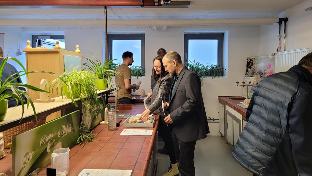 A group of people stand around a counter with plants.