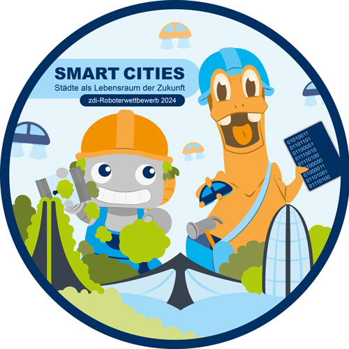 Die Grafik zeigt das Logo für den zdi-Roboterwettbewerb 2024. Es zeigt das Motto "Smart Cities - Städte als Lebensraum der Zukunft" und einen Roboter und einen Dinosaurier, die zusammen eine intelligente Stadt erbauen.