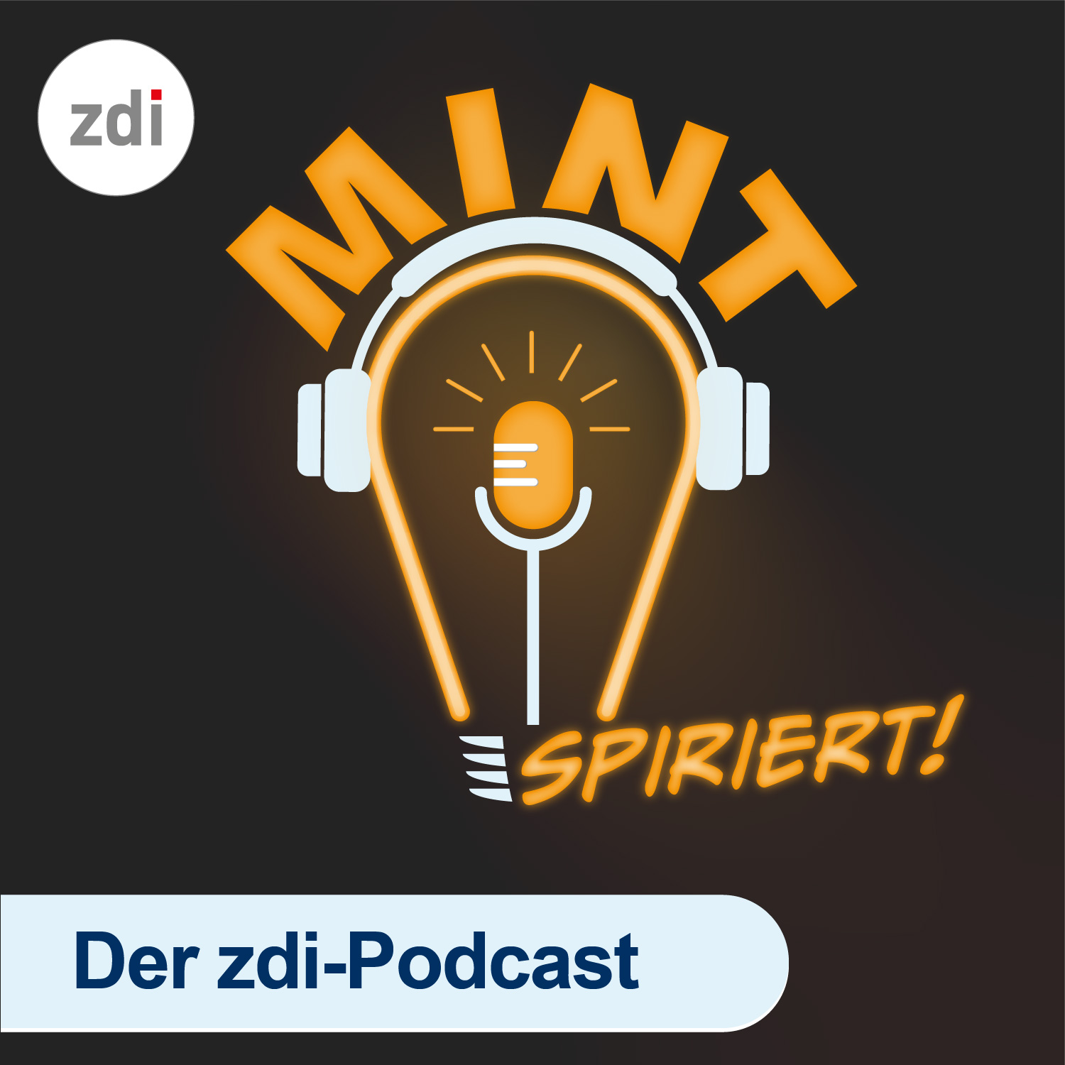 Das Bild zeigt das Logo von MINTspiriert! – der zdi-Podcast. Es zeigt eine Glühbirne, deren Glühdraht ein Mikrophon ist und die Kopfhörer trägt.
