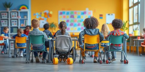 Eine Gruppe von Kindern sitzt auf Stühlen in einem Klassenzimmer.