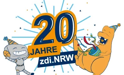 Das Bild zeigt einen Roboter und einen Dinosaurier. Beide tragen Partyhüte und sind von Konfetti umgeben. Ein Schild trägt die Aufschrift „20 Jahre zdi.NRW“.