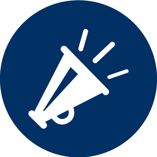 Ein weißes Megaphon-Symbol mit Tonlinien wird auf einem dunkelblauen runden Hintergrund angezeigt.