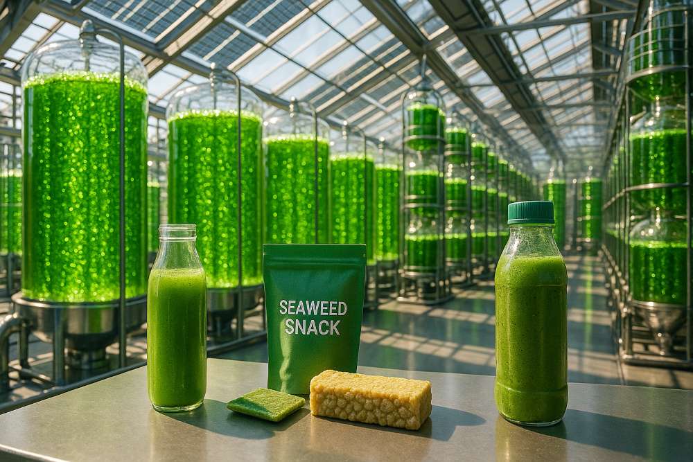 Auf einem Tisch in einem Gewächshaus stehen Flaschen und Verpackungen mit Algensnacks und Getränken. Im Hintergrund sind große Tanks mit grüner Flüssigkeit zu sehen, in denen Algen oder Seetang wachsen.