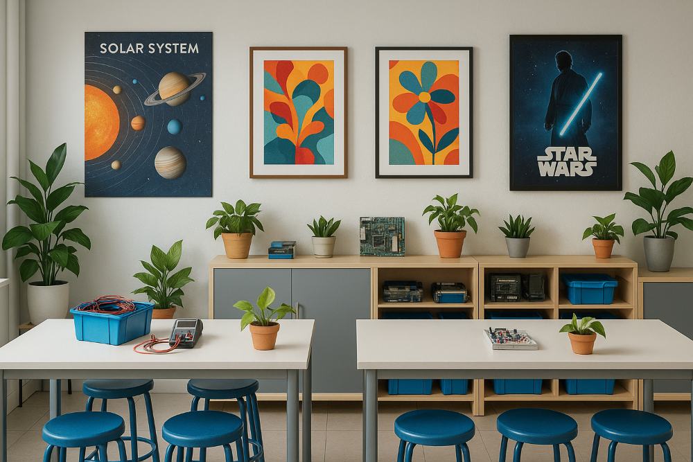 Das Bild zeigt einen hellen Raum mit vielen Pflanzen. In Regalen und auf Tischen liegt Elektronik, an den Wänden hängen bunte Poster.