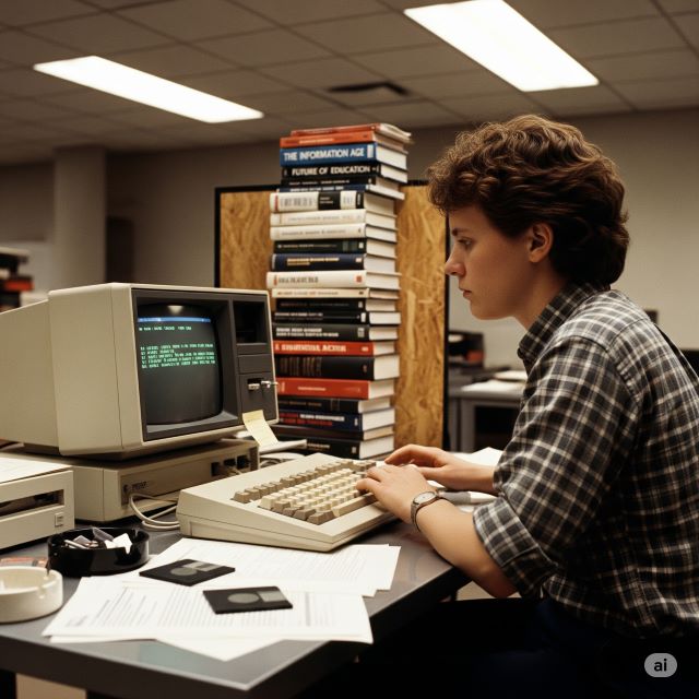 Eine Person tippt auf einem alten Computer an einem Schreibtisch. Disketten, Papiere und ein hoher Stapel Bücher liegen auf dem Schreibtisch in einer Büroumgebung.