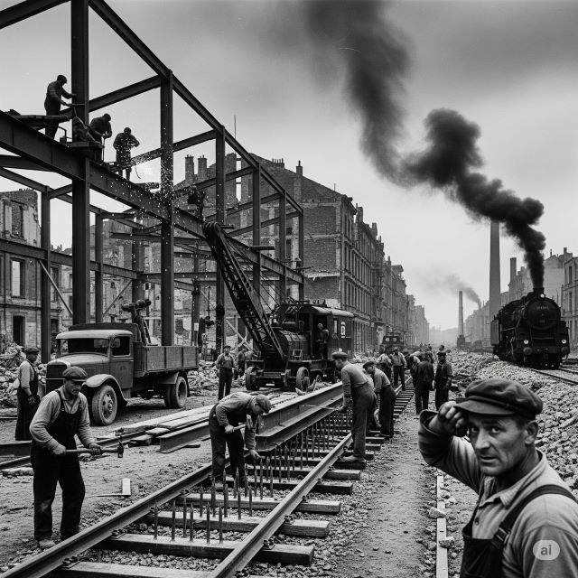 Arbeiter bauen ein Stahlgerüst und verlegen Eisenbahnschienen in einer Stadt. Ein Dampfzug fährt vorbei und stößt schwarzen Rauch aus.
