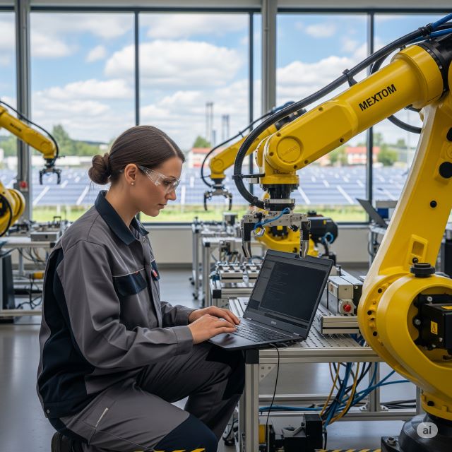 Eine Frau mit Schutzbrille arbeitet an einem Laptop neben einem gelben Roboterarm in einer modernen Industrieanlage mit großen Fenstern.