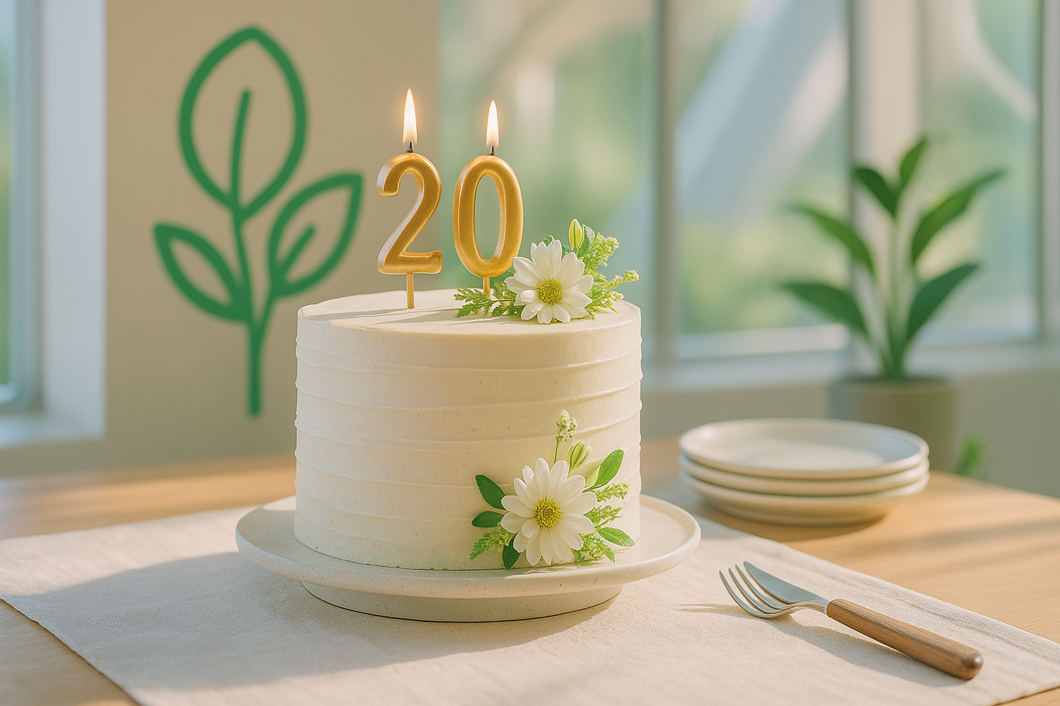 Ein weißer Gugelhupf mit 20 Kerzen und weißen Blumen steht auf einem Tisch mit Tellern, einer Gabel und grünen Pflanzen im Hintergrund.