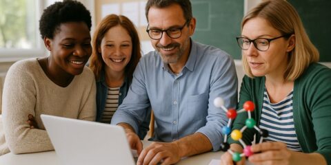 Vier Erwachsene sitzen an einem Tisch und schauen auf einen Laptop. Einer hält ein Molekülmodell in der Hand, was auf eine gemeinsame wissenschaftliche Diskussion hindeutet.