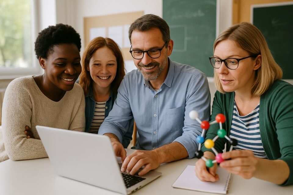 Vier Erwachsene sitzen an einem Tisch und schauen auf einen Laptop. Einer hält ein Molekülmodell in der Hand, was auf eine gemeinsame wissenschaftliche Diskussion hindeutet.