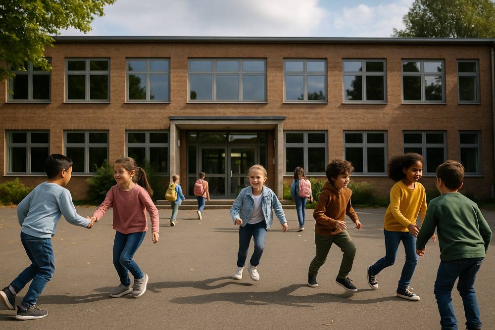 An einem sonnigen Tag spielen Kinder in Gruppen vor einem Schulgebäude aus Backstein. Einige Kinder gehen in der Nähe des Eingangs.
