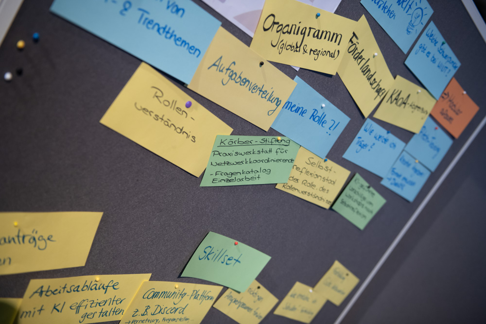 Die Pinnwand zeigt farblich gekennzeichnete Zettel mit handgeschriebenen deutschen Wörtern und Sätzen. Sie sind für die Planung in Reihen angeordnet.