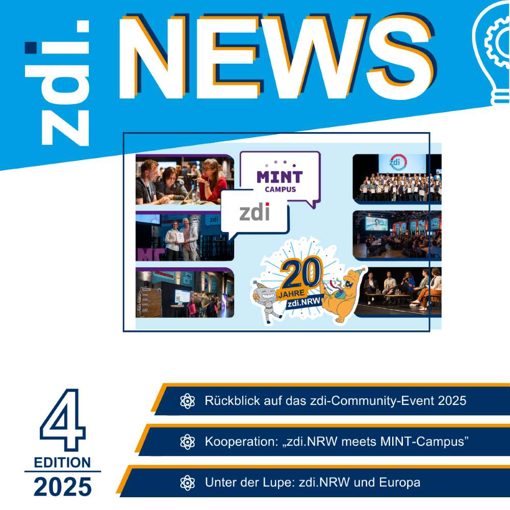 Das Bild zeigt eine Collage von Bildern vom zdi-Community-Event. Die Logos von zdi und MINT-Campus sind zu sehen. Die zdi-Maskottchen feiern 20 Jahre zdi. Die Überschrift „zdi NEWS“ ist prominent platziert, zusammen mit Details, die darauf hinweisen, dass es sich um die vierte Ausgabe im Jahr 2025 handelt. Die drei Schlagzeilen lauten: Rückblick auf das zdi-Community-Event 2025; Kooperation: zdi.NRW meets MINT-Campus und Unter der Lupe: zdi.NRW und Europa.