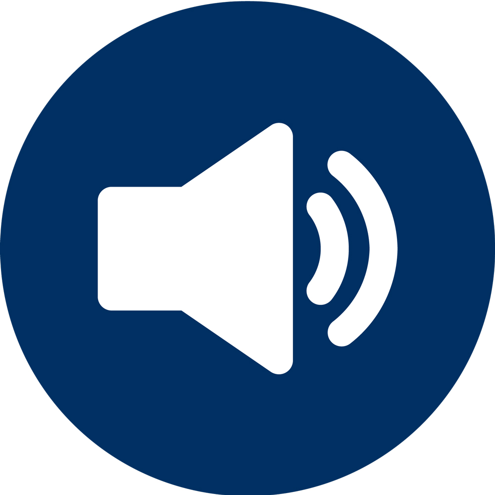 Ein weißes Lautsprechersymbol mit Schallwellen erscheint auf einem dunkelblauen, runden Hintergrund.