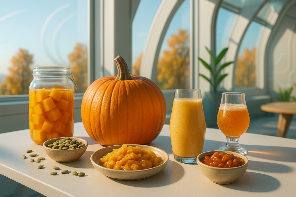 Ein großer Kürbis, Kürbissaft, Kerne, Püree, Soße, Kürbiswürfel im Glas und zwei Getränke stehen auf einem sonnigen Tisch im Haus.