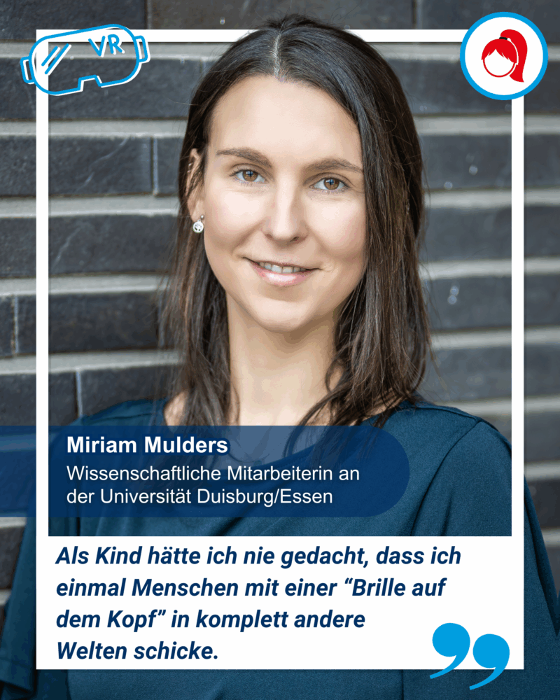 Eine Frau mit glattem braunem Haar in einem marineblauen Oberteil steht vor einer Backsteinmauer. Der Text identifiziert sie als Miriam Mulders von der Universität Duisburg/Essen.