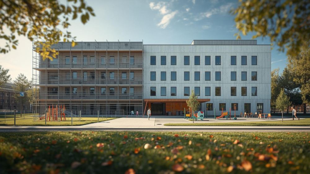Ein modernes dreistöckiges Gebäude mit großen Fenstern befindet sich hinter einem Spielplatz mit Geräten, umgeben von grünen Rasenflächen und Bäumen.