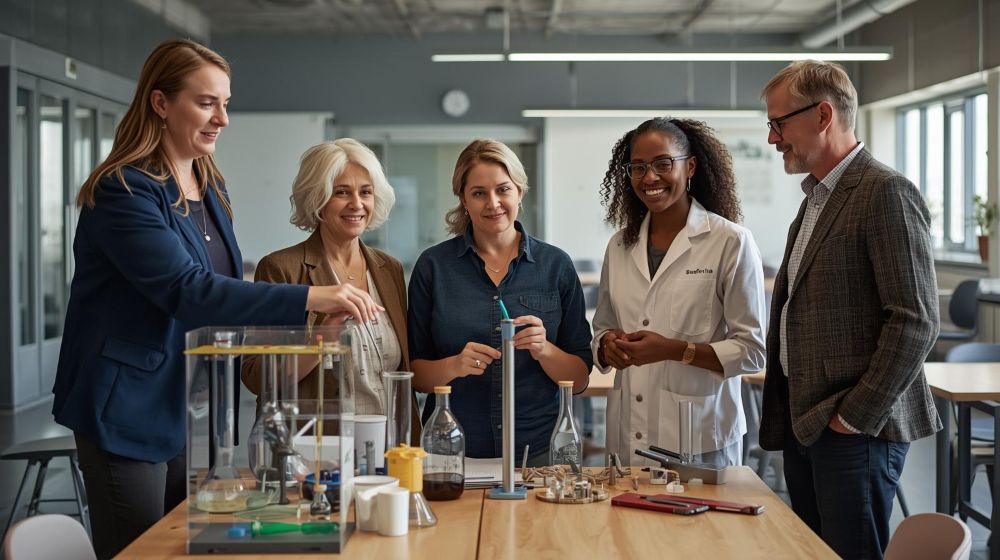Fünf Erwachsene stehen um einen Labortisch mit wissenschaftlichen Geräten. Sie führen eine Diskussion in einem modernen Labor.
