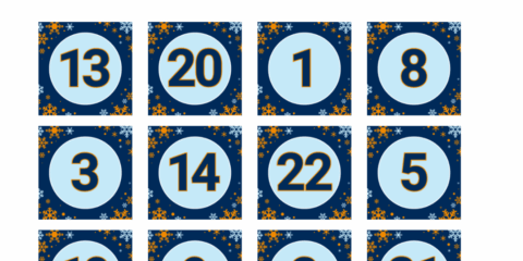 Zwölf blaue Karten sind im Rahmen des zdi-KI-Lab-Adventskalenders in einem Raster angeordnet, jede mit schwarzen Zahlen und einem Schneeflockenrand.