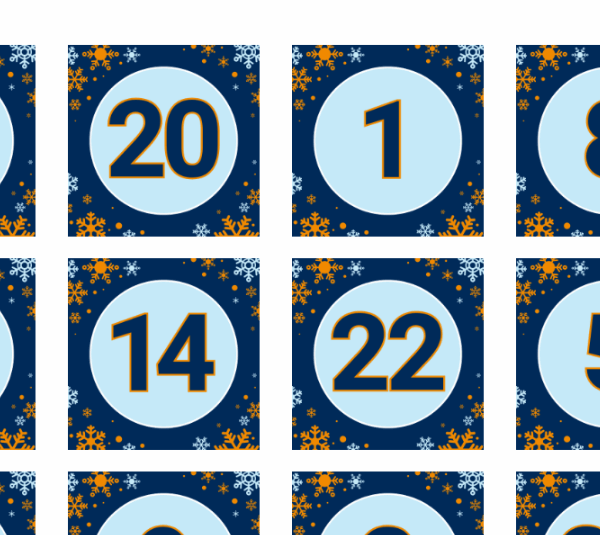 Zwölf blaue Karten sind im Rahmen des zdi-KI-Lab-Adventskalenders in einem Raster angeordnet, jede mit schwarzen Zahlen und einem Schneeflockenrand.