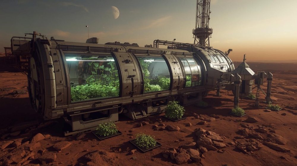 Ein futuristisches Gewächshaus voller blühender Pflanzen steht auf felsigem, rotem Grund unter einer Mondsichel, die an ein Habitat auf dem Mars erinnert.