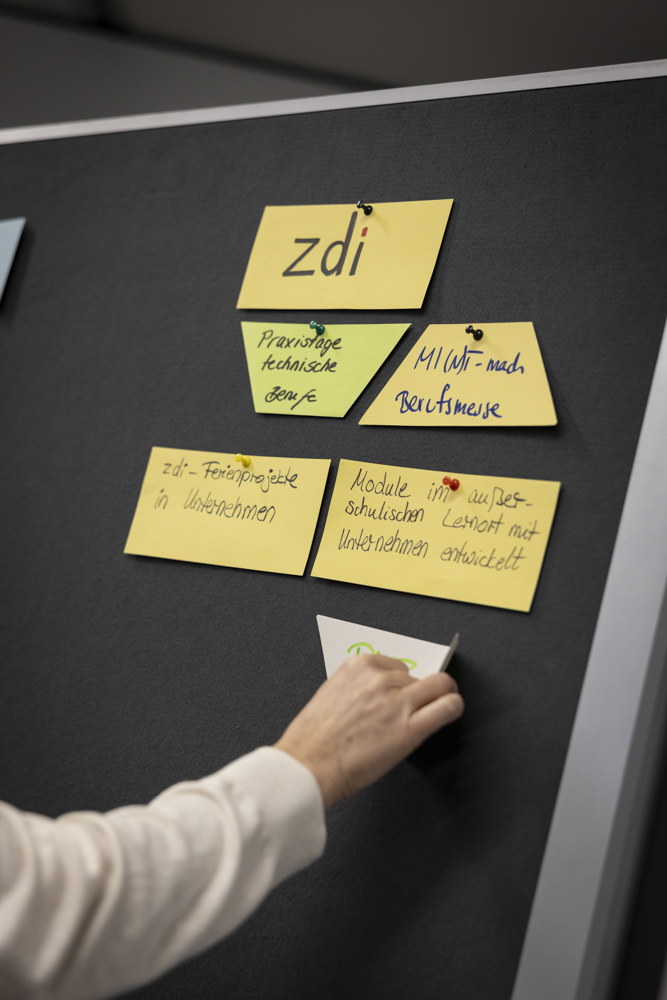 Eine Person legt eine weiße Karte auf eine schwarze Tafel, auf der mehrere gelbe Zettel mit handgeschriebenem deutschen Text über Projekte zu sehen sind.