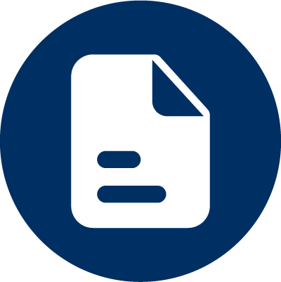 Ein weißes Symbol eines Dokuments mit zwei horizontalen Linien erscheint auf einem dunkelblauen runden Hintergrund.