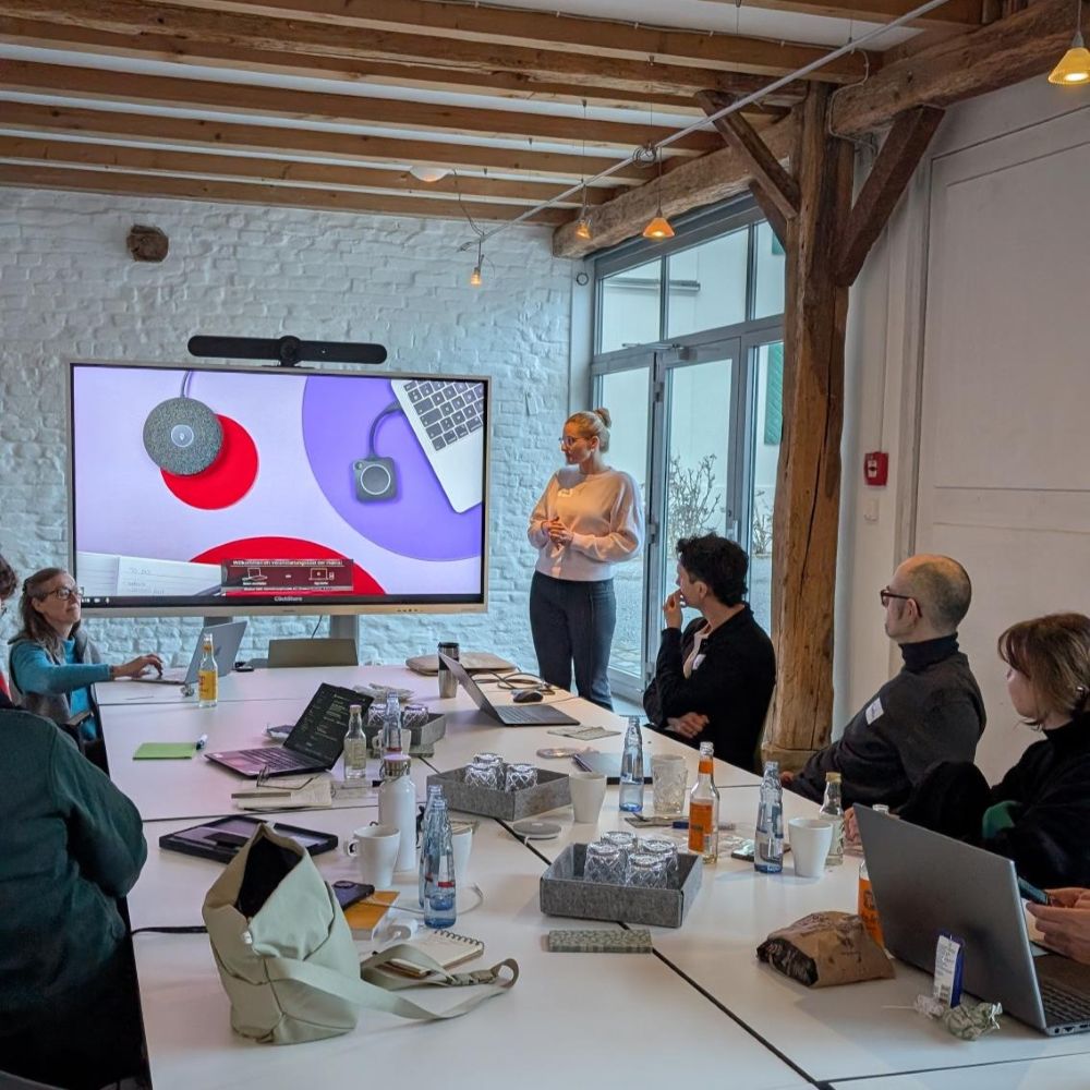 Eine Frau präsentiert etwas vor Kolleg:innen, die in einem modernen Besprechungsraum sitzen. Ein großer Bildschirm zeigt bunte Grafiken, und auf dem Tisch stehen Laptops.