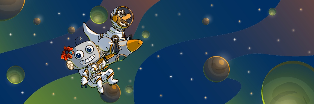 Ein Cartoon-Roboter und ein Dinosaurier schweben in Raumanzügen durch den Weltraum, mit Sternen und Planeten im Hintergrund.
